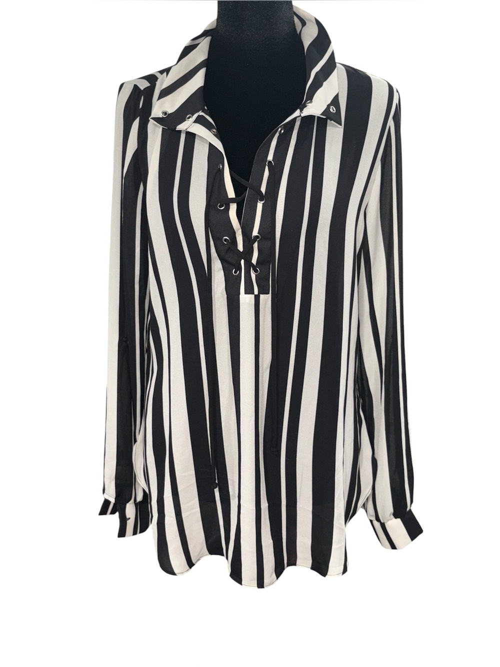 349. Women’s Vintage Y2K Work Wear Black & White Striped Lace-Up Women's Blouse